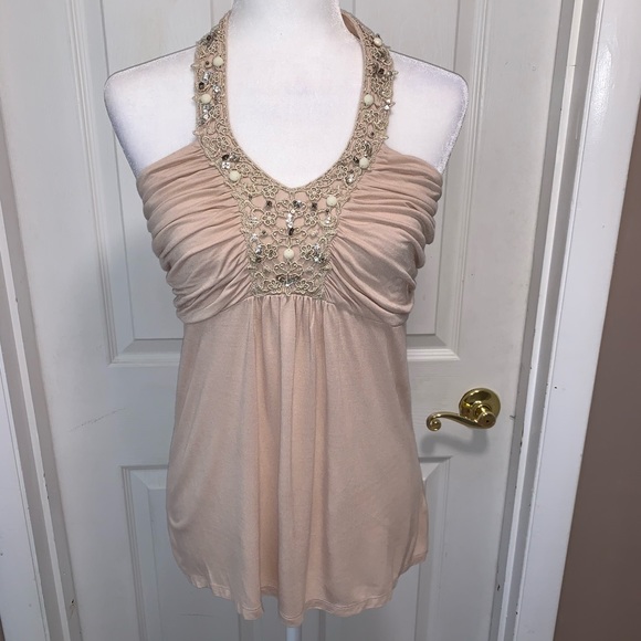 Express Crochet and Beaded Halter Top in Beige - Picture 2 of 9